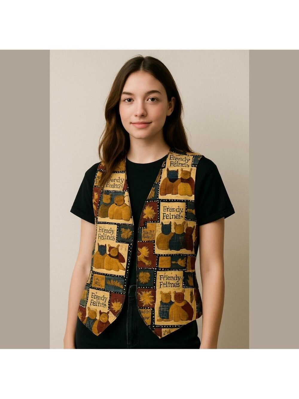 Vintage 90s Reversible Vest Cats and Baskets cottagecore granny farmhouse